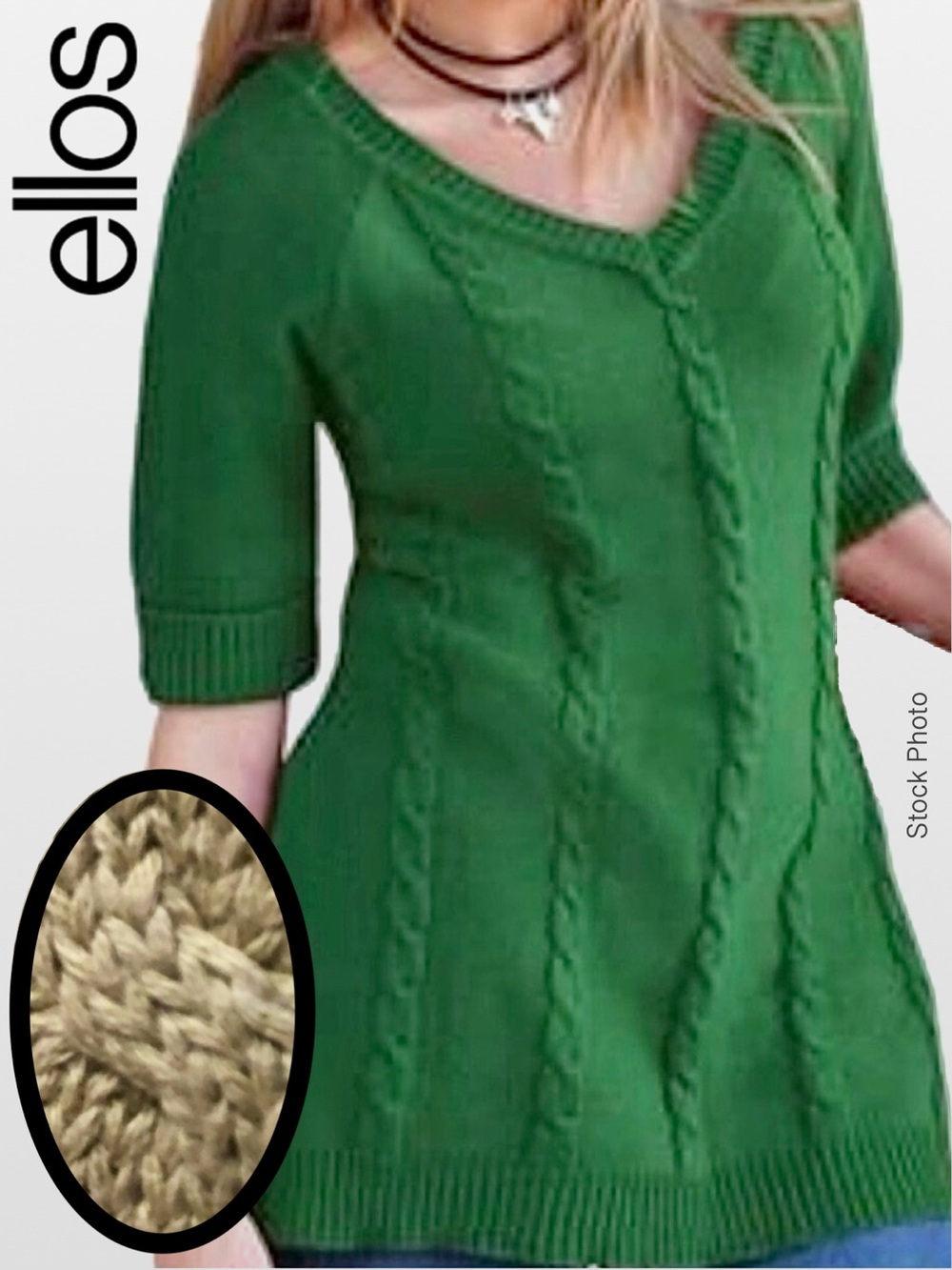 NEW Ellos V-neck Cable Knit Long Sweater Elbow Length Sleeves Tan Beige (3X~4X)